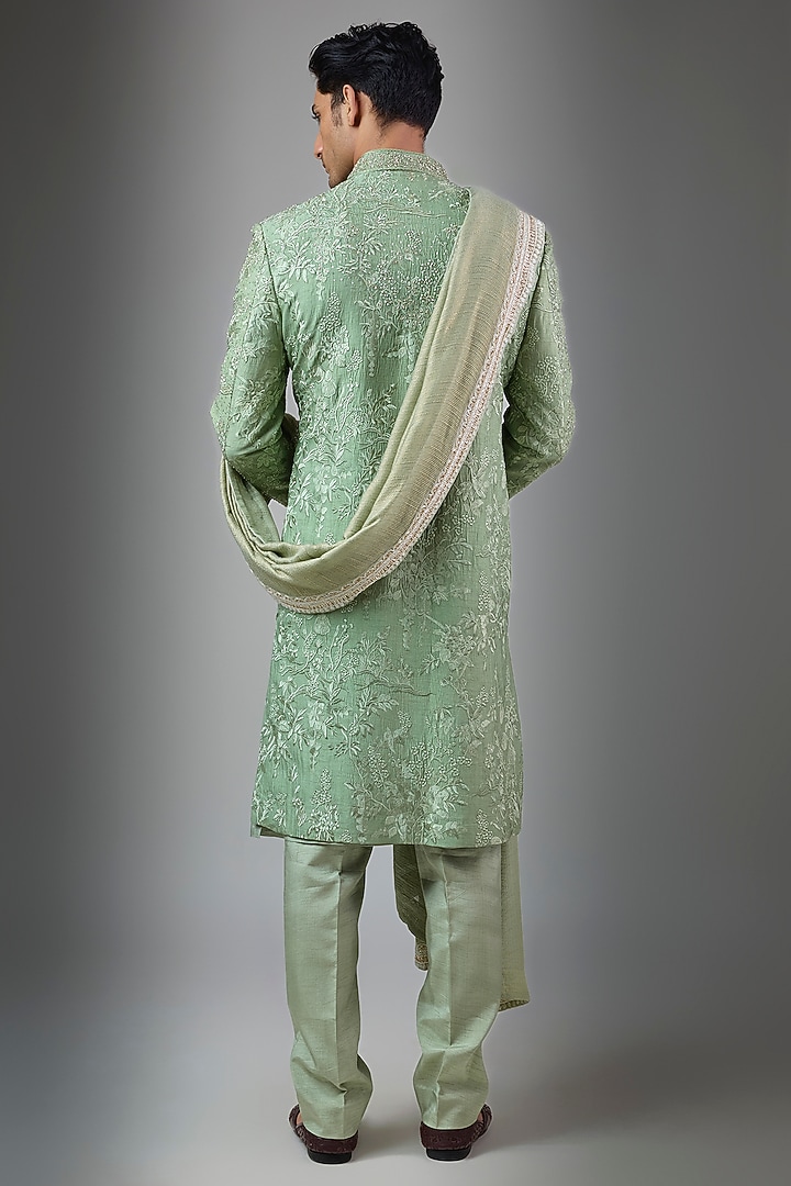 Sage Green Silk Groom Sherwani Set by Jayesh and Kaajal Shah Men at Pernia's Pop Up Shop