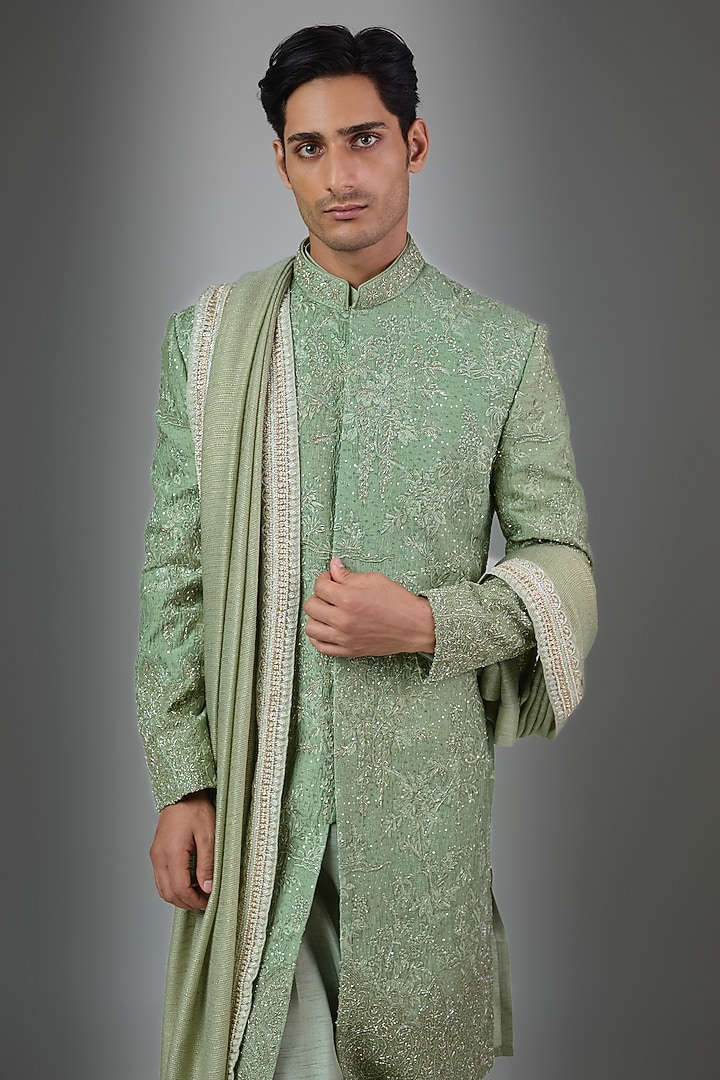 Sage Green Silk Groom Sherwani Set by Jayesh and Kaajal Shah Men at Pernia's Pop Up Shop
