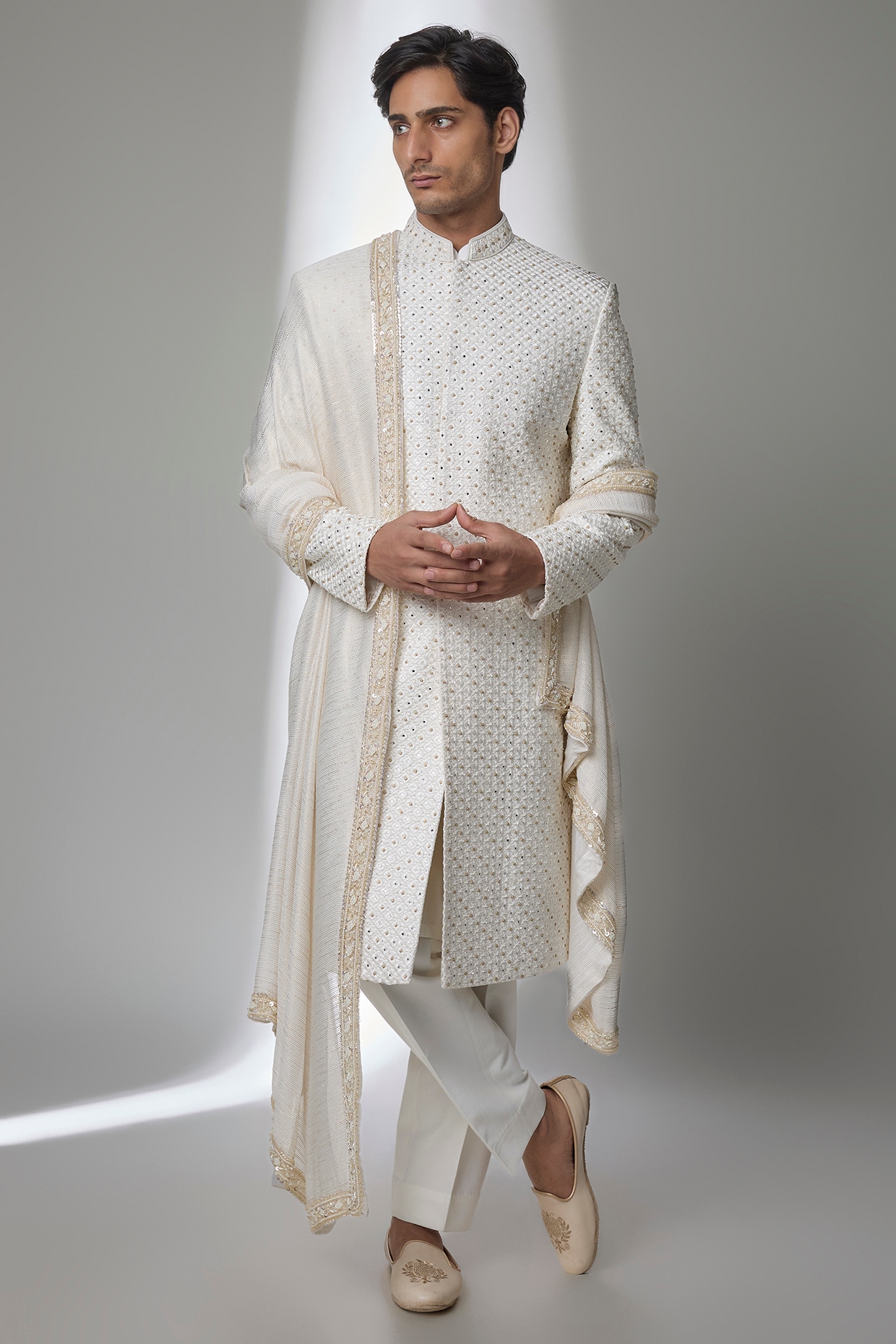 Jayesh and Kaajal Shah Ivory Silk Sherwani Set