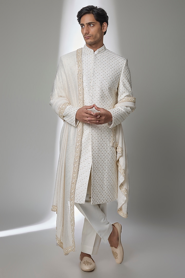 Ivory Silk Groom Sherwani Set by Jayesh and Kaajal Shah Men at Pernia's Pop Up Shop