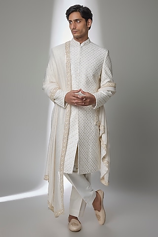Ivory Silk Sherwani Set by Jayesh and Kaajal Shah Men