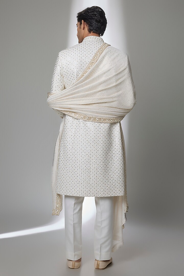 Ivory Silk Groom Sherwani Set by Jayesh and Kaajal Shah Men at Pernia's Pop Up Shop