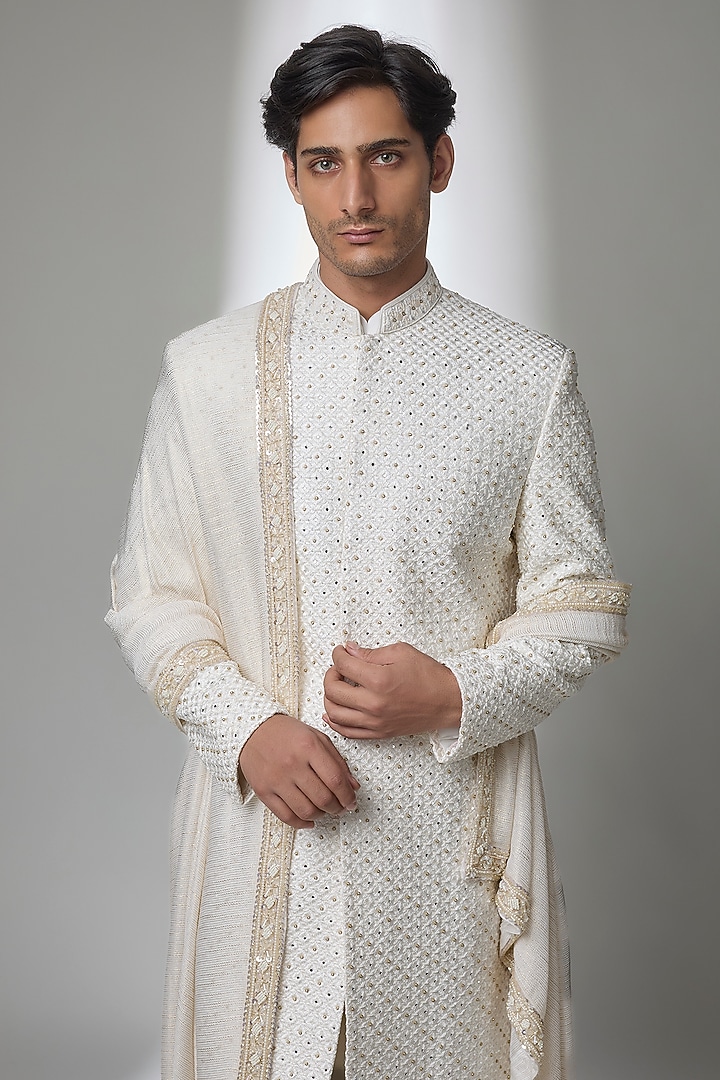 Ivory Silk Groom Sherwani Set by Jayesh and Kaajal Shah Men at Pernia's Pop Up Shop