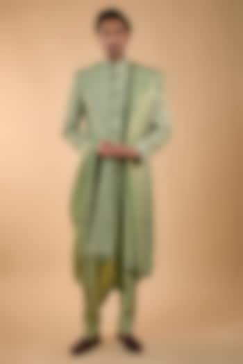 Sage Green Silk Groom Sherwani Set by Jayesh and Kaajal Shah Men at Pernia's Pop Up Shop