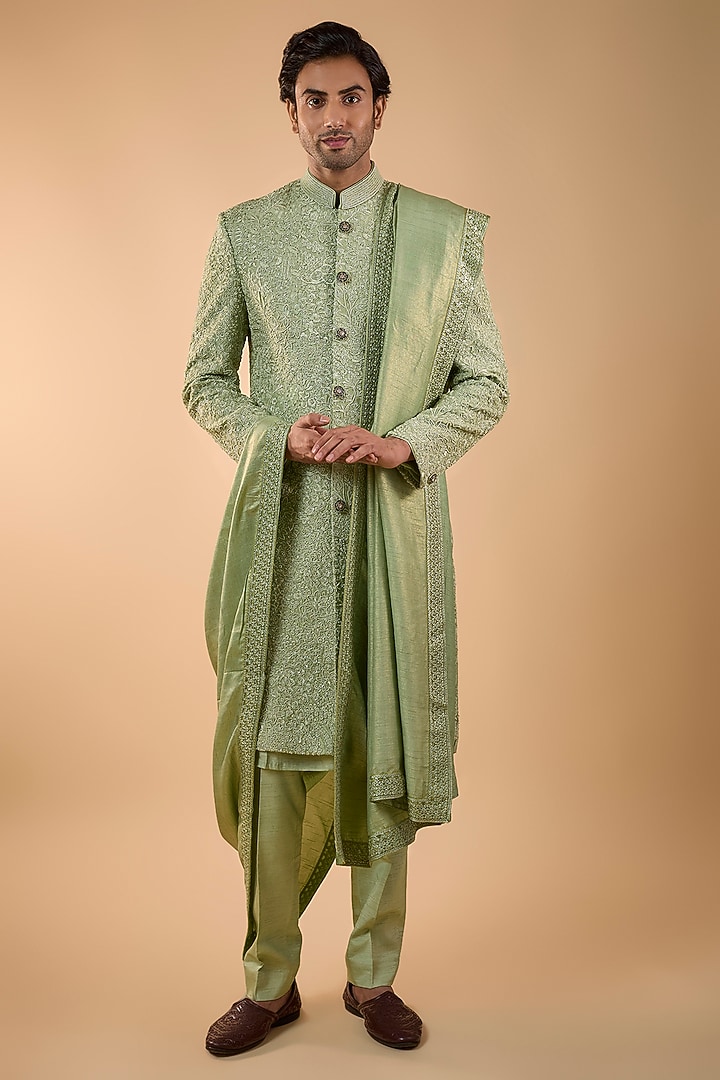 Sage Green Silk Groom Sherwani Set by Jayesh and Kaajal Shah Men at Pernia's Pop Up Shop