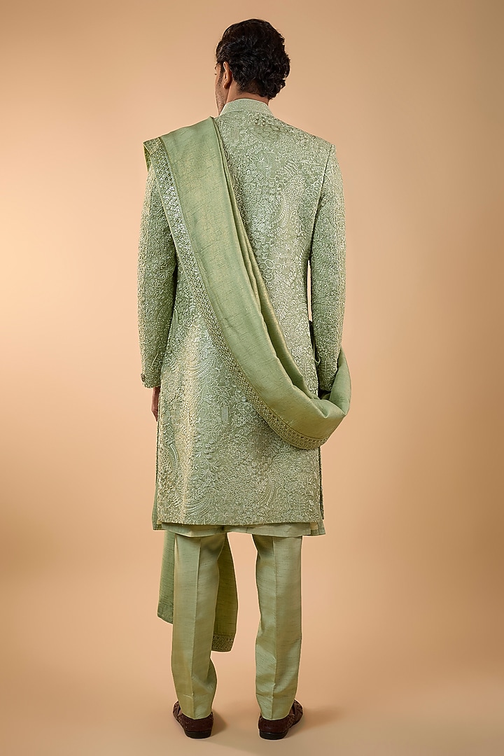 Sage Green Silk Groom Sherwani Set by Jayesh and Kaajal Shah Men at Pernia's Pop Up Shop