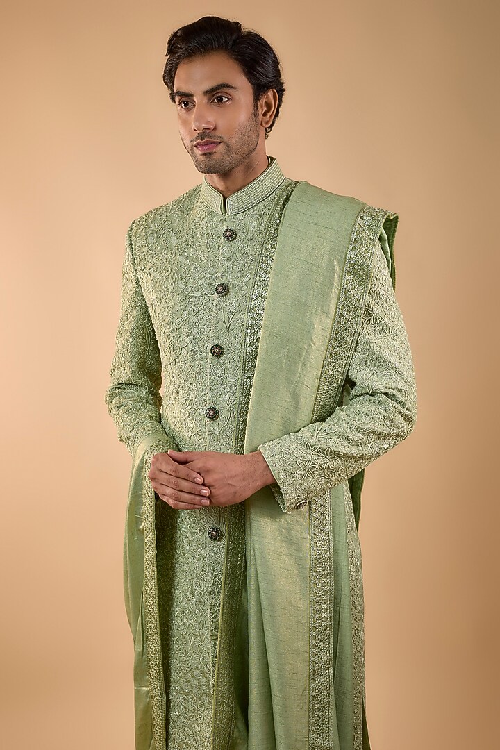 Sage Green Silk Groom Sherwani Set by Jayesh and Kaajal Shah Men at Pernia's Pop Up Shop