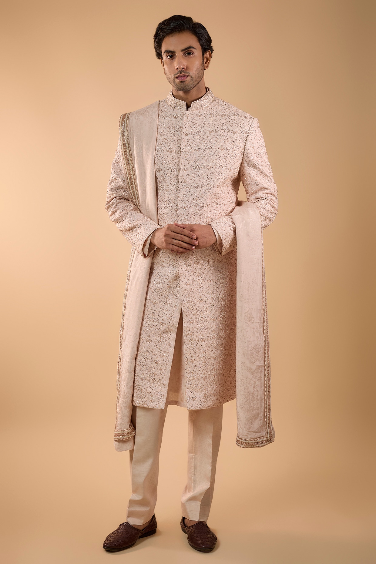 Jayesh and Kaajal Shah Pink Silk Sherwani Set