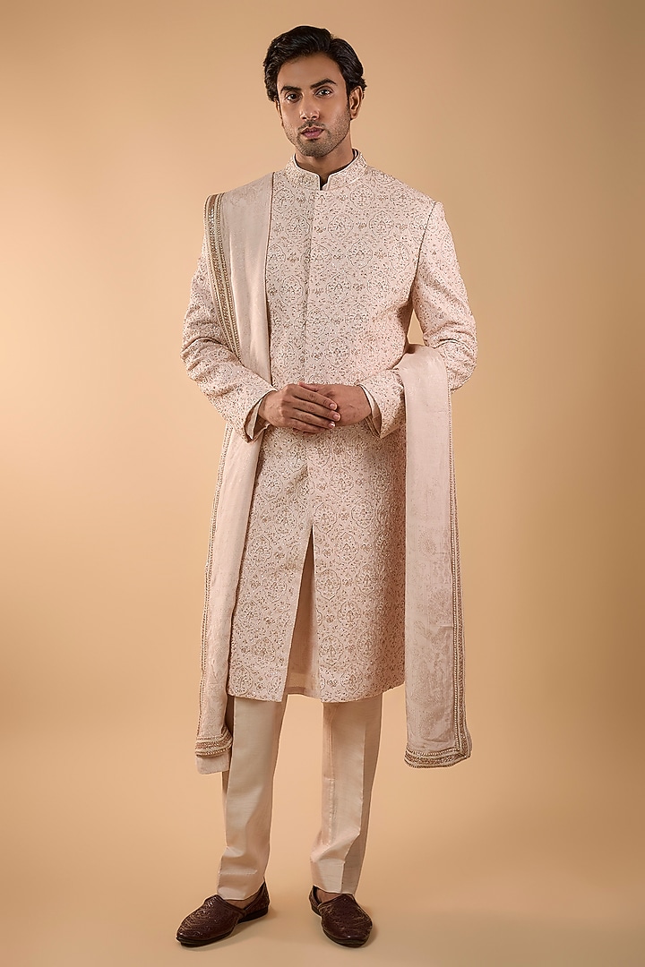 Pink Silk Groom Sherwani Set by Jayesh and Kaajal Shah Men at Pernia's Pop Up Shop