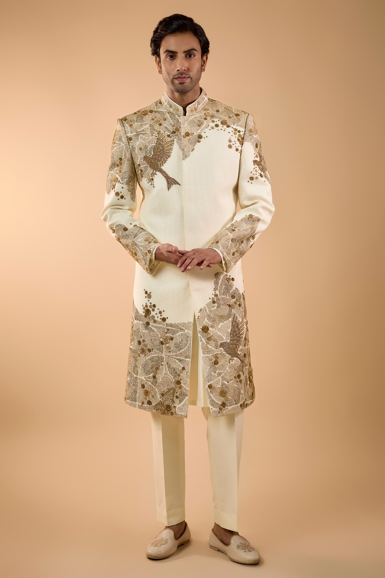 Jayesh and Kaajal Shah Ivory Silk Sherwani Set
