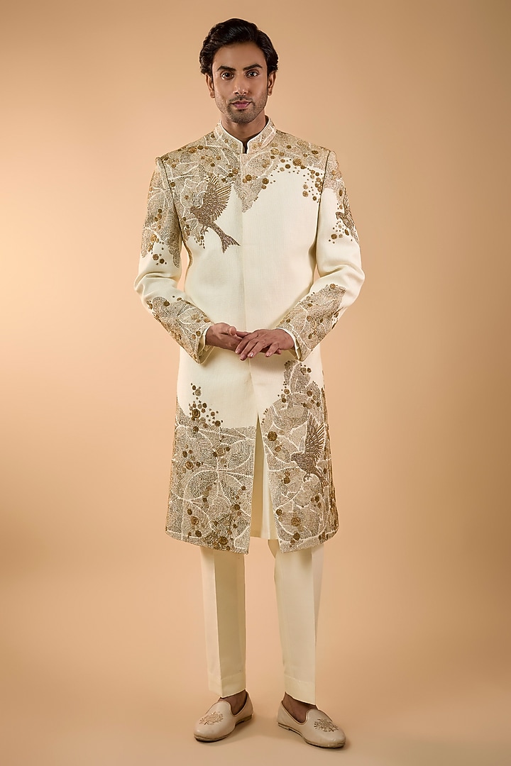 Ivory Silk Groom Sherwani Set by Jayesh and Kaajal Shah Men at Pernia's Pop Up Shop