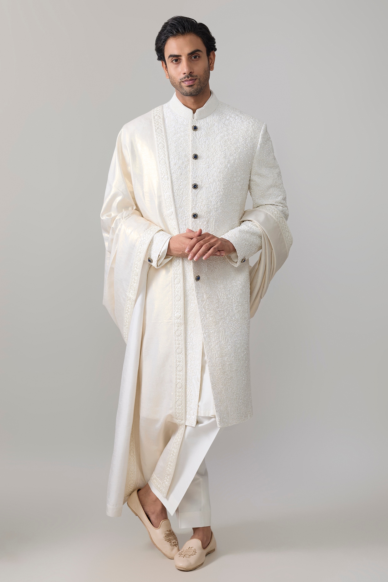 Jayesh and Kaajal Shah Ivory Silk Sherwani Set