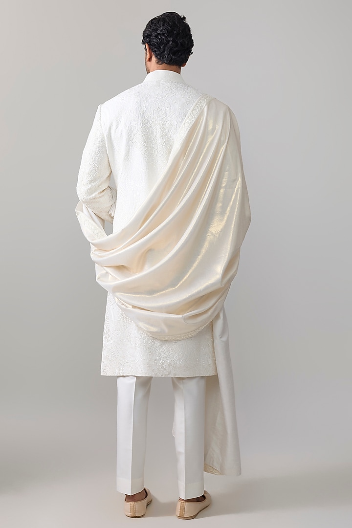 Ivory Silk Groom Sherwani Set by Jayesh and Kaajal Shah Men at Pernia's Pop Up Shop
