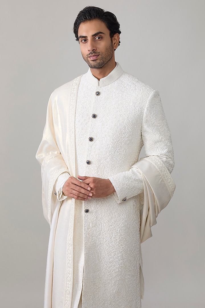 Ivory Silk Groom Sherwani Set by Jayesh and Kaajal Shah Men at Pernia's Pop Up Shop