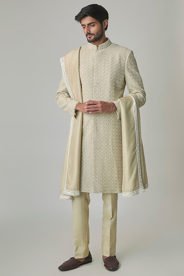 Sage Green Silk Groom Sherwani Set by Jayesh and Kaajal Shah Men at Pernia's Pop Up Shop