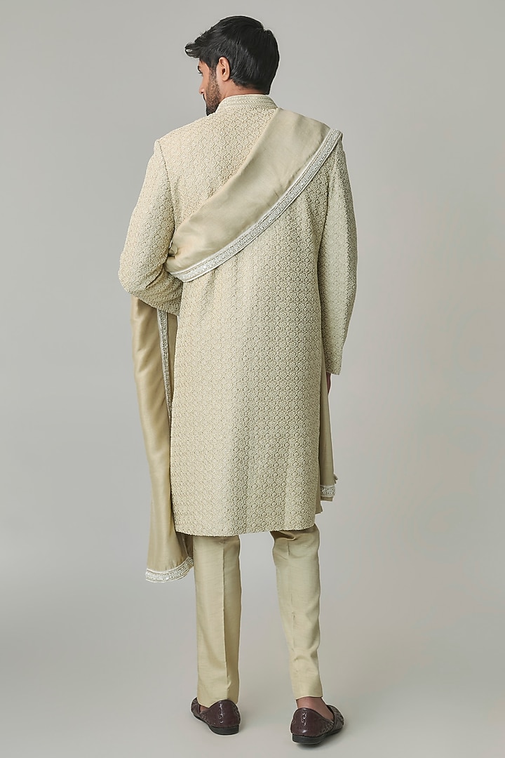 Sage Green Silk Groom Sherwani Set by Jayesh and Kaajal Shah Men at Pernia's Pop Up Shop