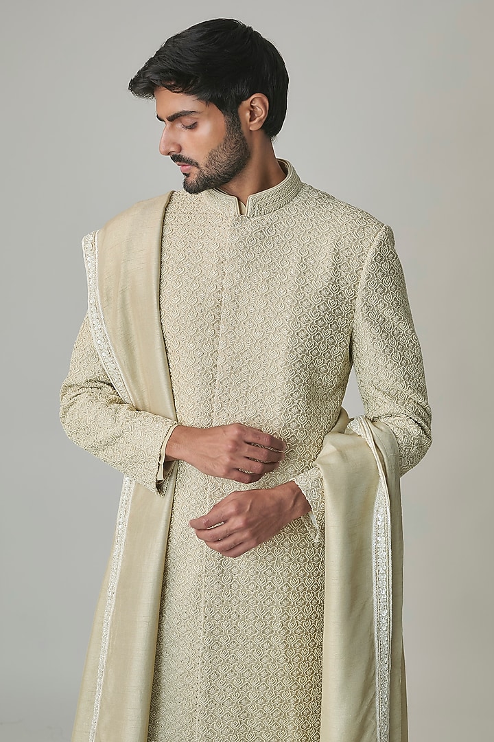 Sage Green Silk Groom Sherwani Set by Jayesh and Kaajal Shah Men at Pernia's Pop Up Shop