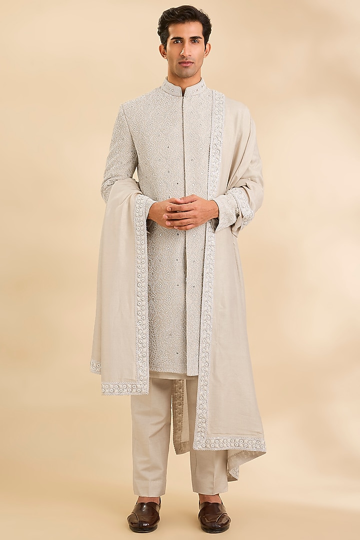 Beige Silk Groom Sherwani Set by Jayesh and Kaajal Shah Men at Pernia's Pop Up Shop