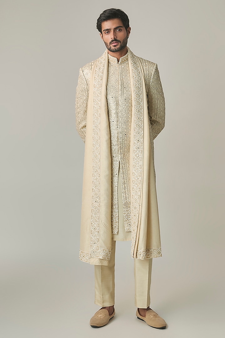 Golden Silk Groom Sherwani Set by Jayesh and Kaajal Shah Men at Pernia's Pop Up Shop