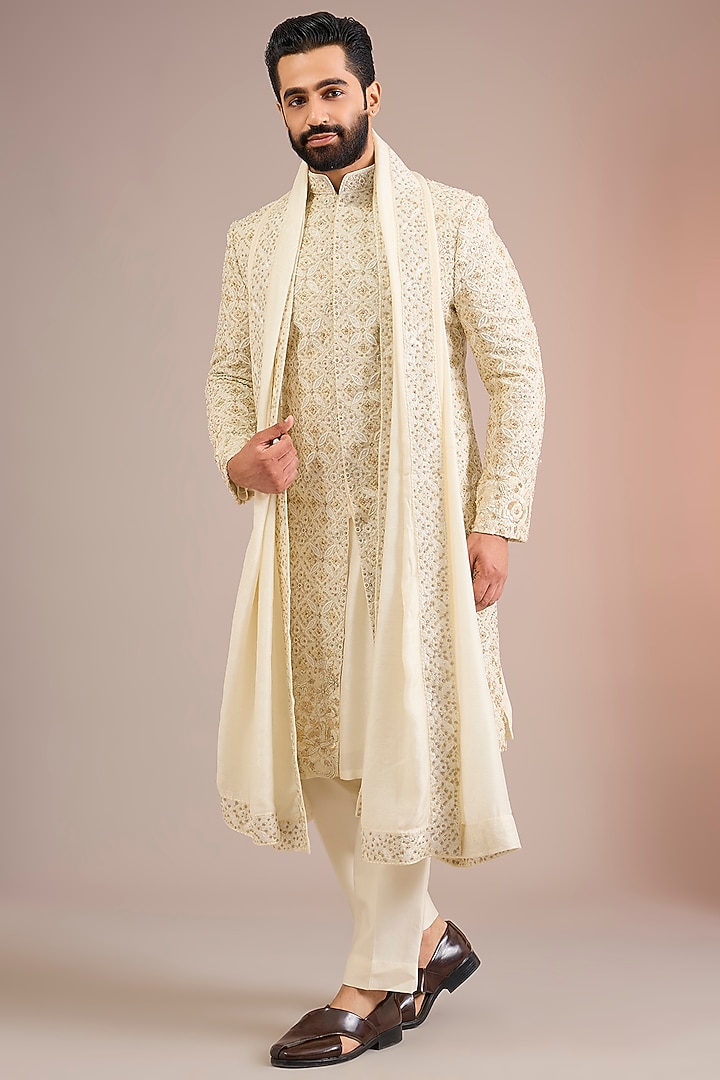 Cream Silk Groom Sherwani Set by Jayesh and Kaajal Shah Men at Pernia's Pop Up Shop