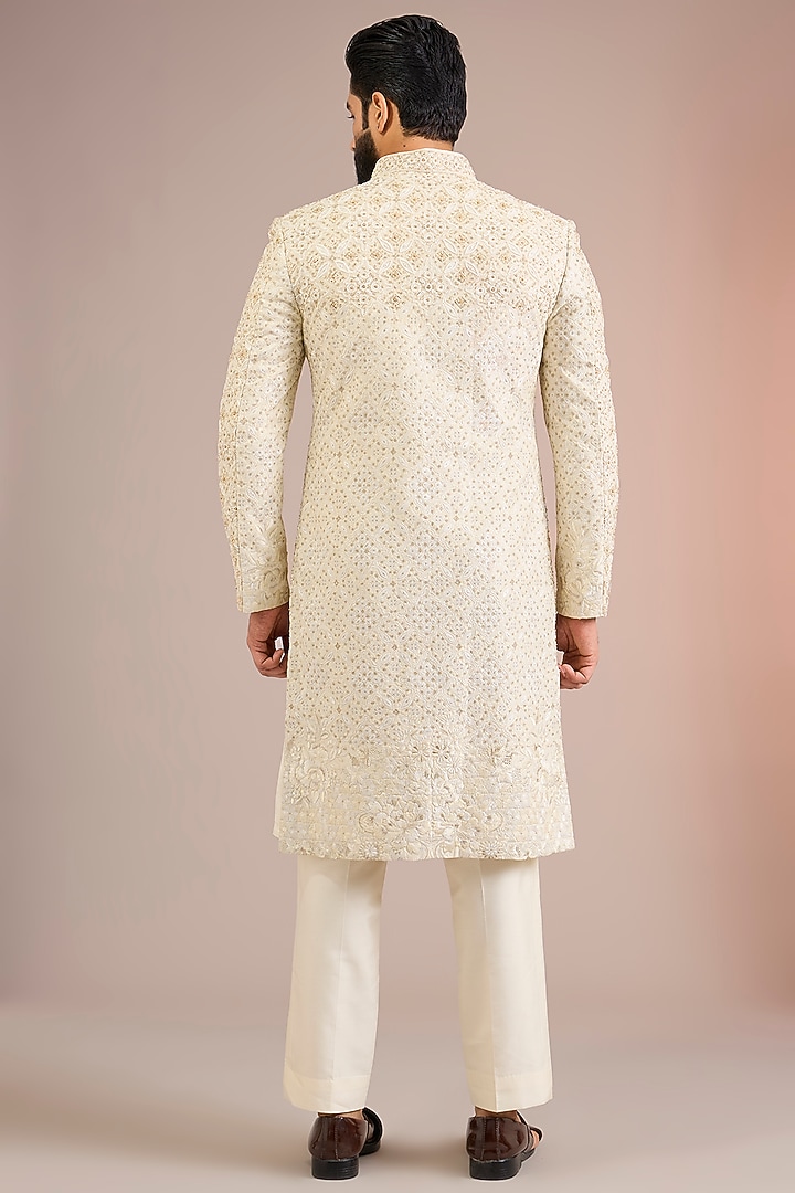 Cream Silk Groom Sherwani Set by Jayesh and Kaajal Shah Men at Pernia's Pop Up Shop