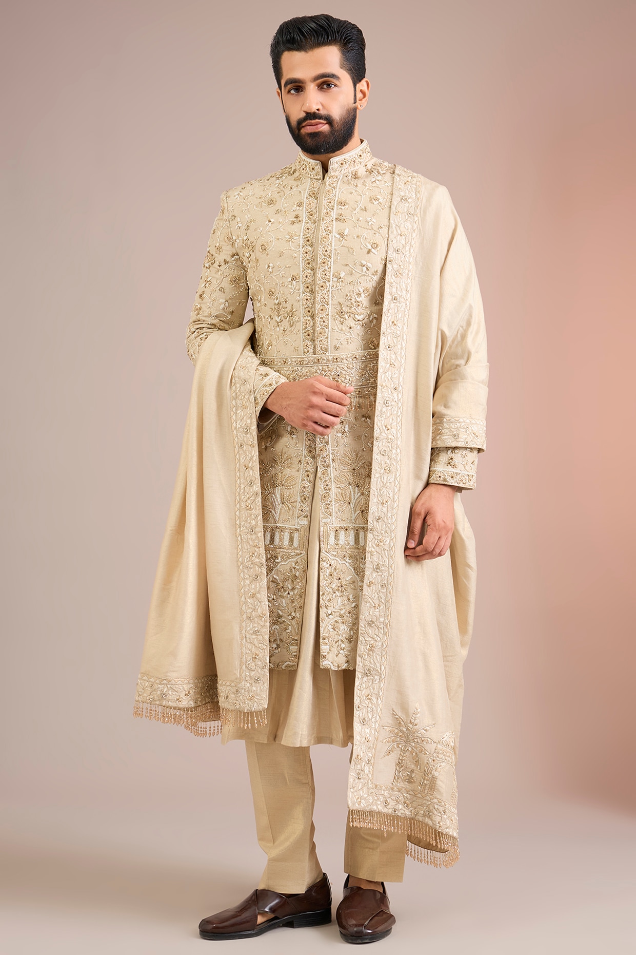 Jayesh and Kaajal Shah Gold Silk Sherwani Set