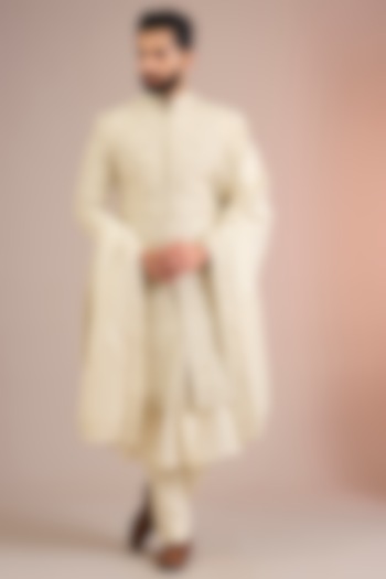 Light Gold Silk Groom Sherwani Set by Jayesh and Kaajal Shah Men at Pernia's Pop Up Shop