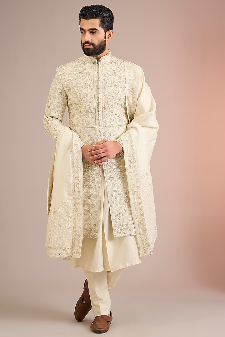 Light Gold Silk Groom Sherwani Set by Jayesh and Kaajal Shah Men at Pernia's Pop Up Shop