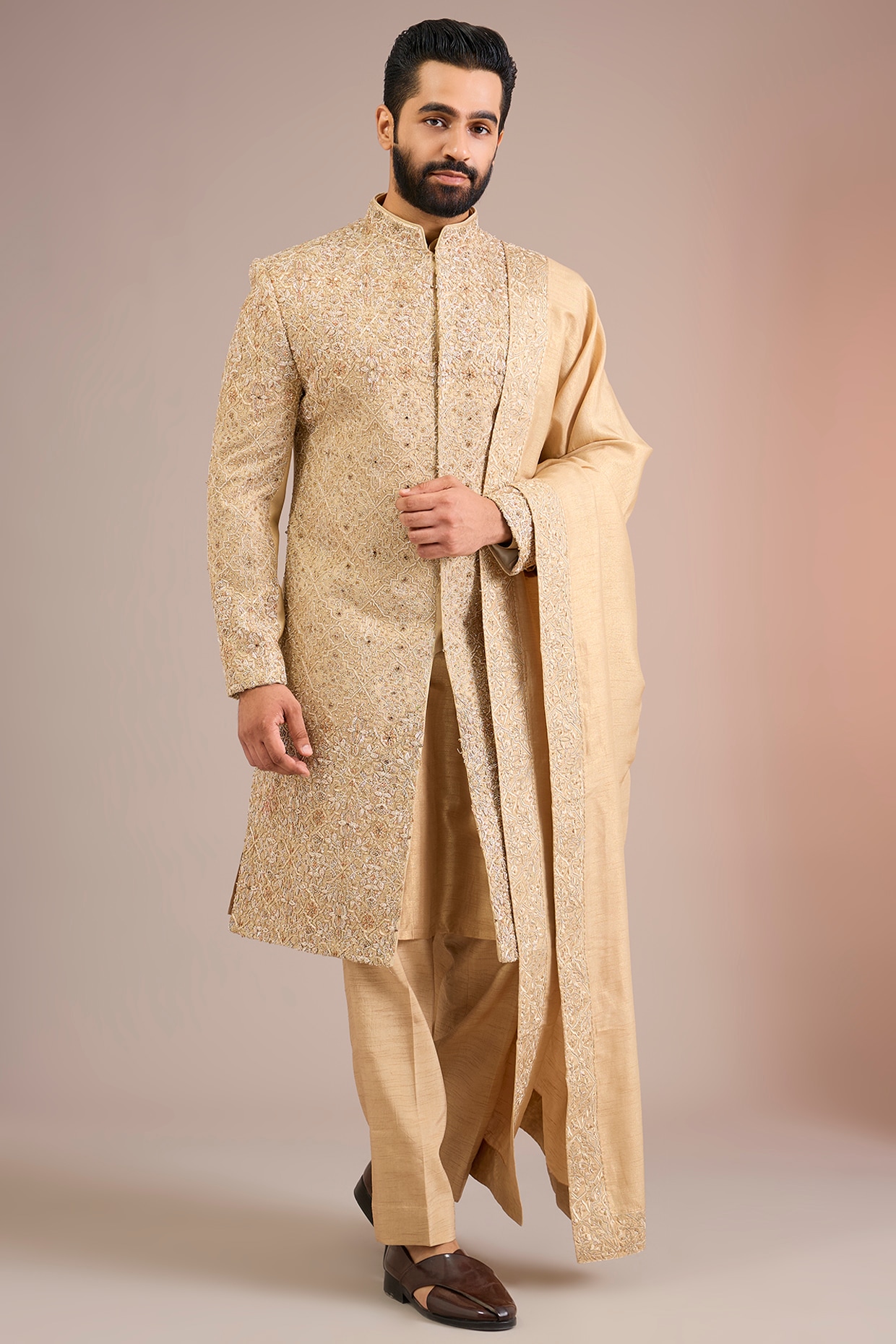 Jayesh and Kaajal Shah Gold Silk Sherwani Set