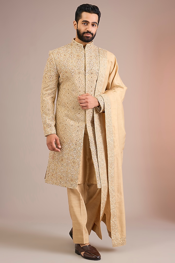 Gold Silk Groom Sherwani Set by Jayesh and Kaajal Shah Men at Pernia's Pop Up Shop