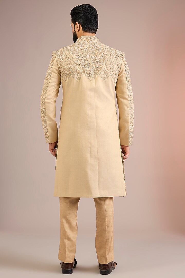 Gold Silk Groom Sherwani Set by Jayesh and Kaajal Shah Men at Pernia's Pop Up Shop
