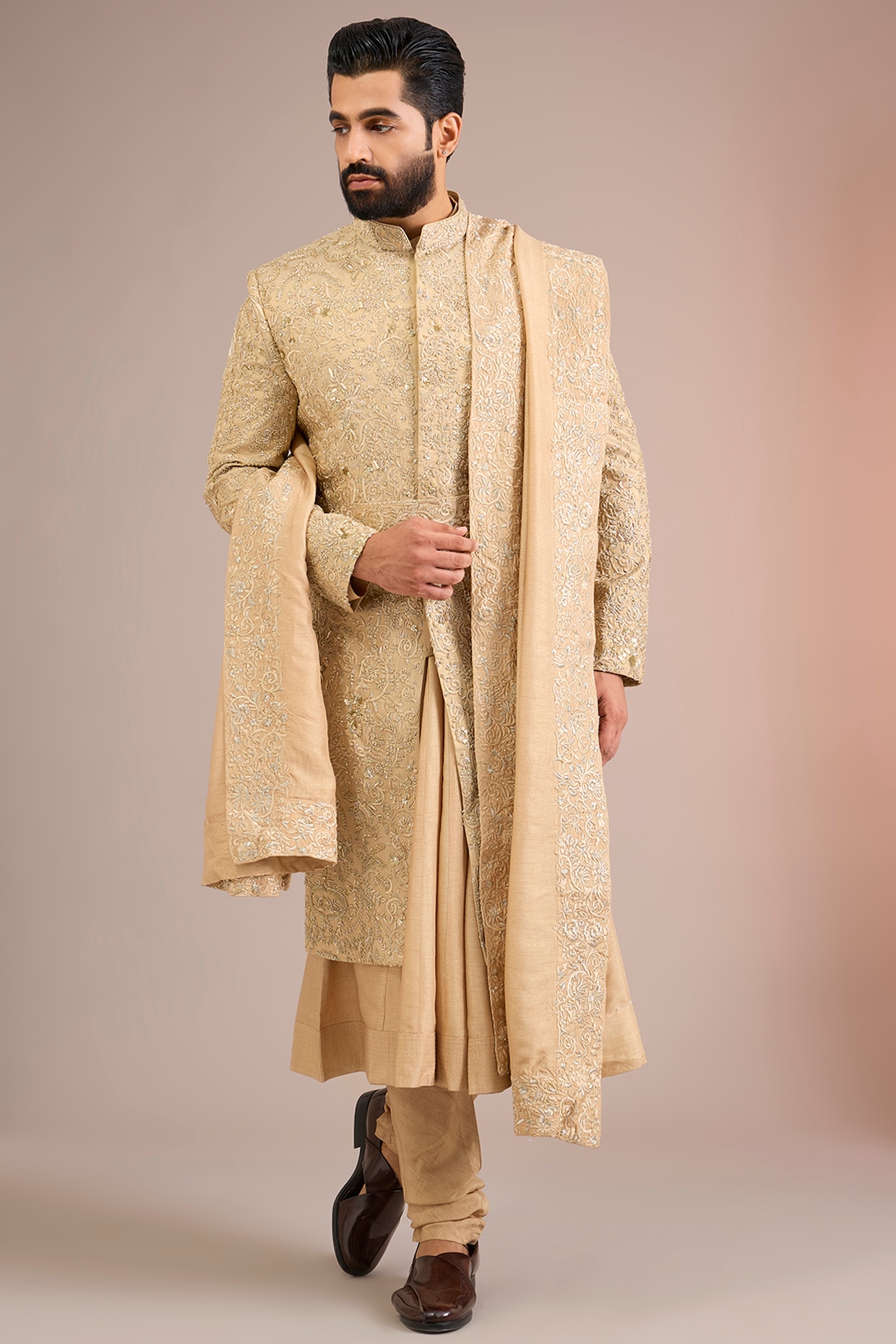 Jayesh and Kaajal Shah Gold Silk Sherwani Set