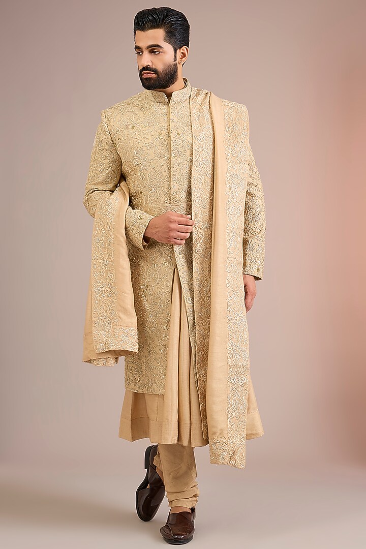 Gold Silk Groom Sherwani Set by Jayesh and Kaajal Shah Men at Pernia's Pop Up Shop