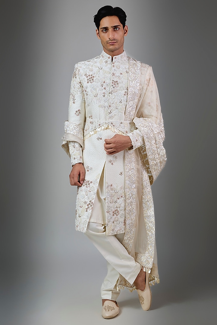 Cream Silk Groom Sherwani Set by Jayesh and Kaajal Shah Men at Pernia's Pop Up Shop