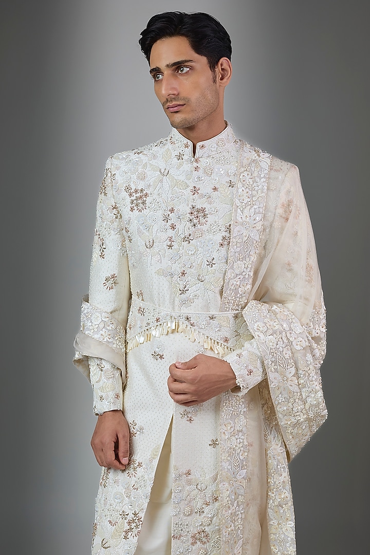 Cream Silk Groom Sherwani Set by Jayesh and Kaajal Shah Men at Pernia's Pop Up Shop