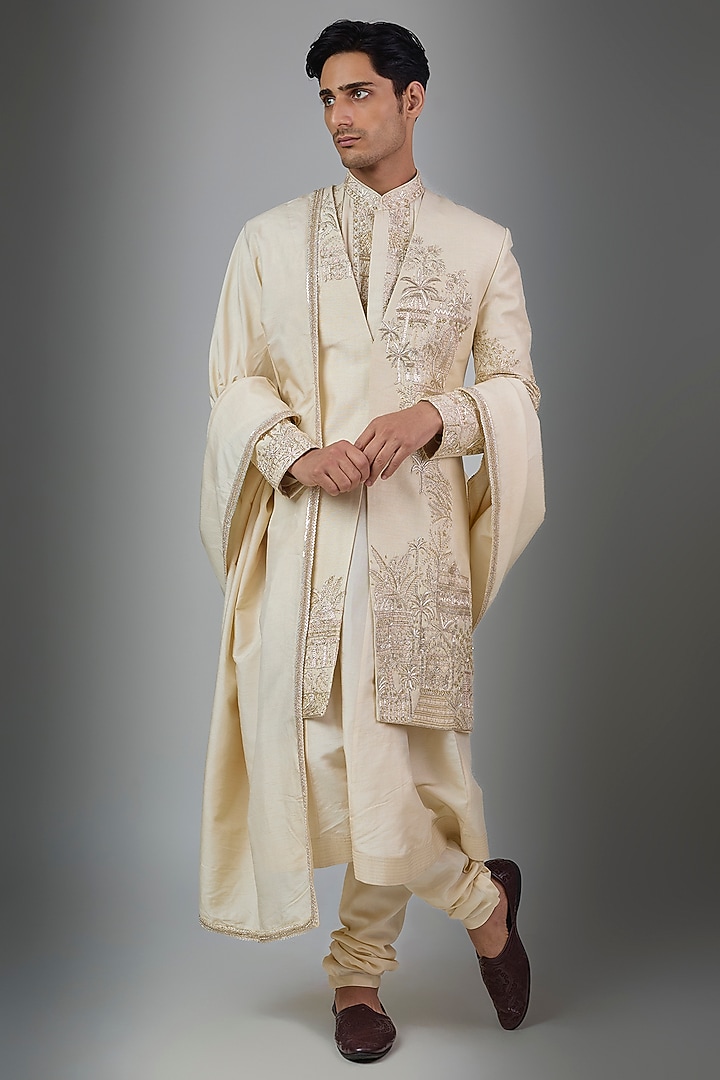 Gold Silk Groom Sherwani Set by Jayesh and Kaajal Shah Men at Pernia's Pop Up Shop