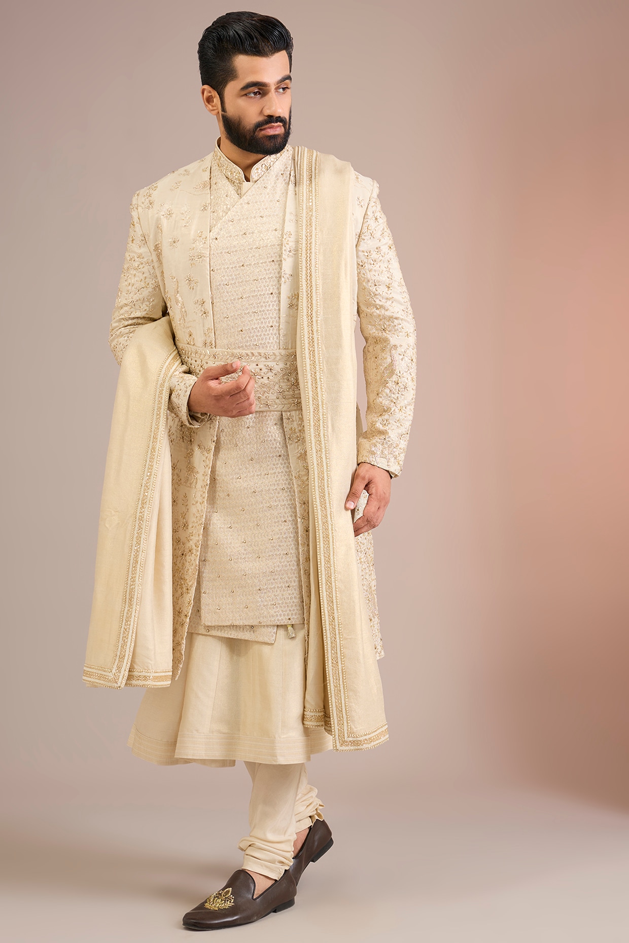 Jayesh and Kaajal Shah Gold Silk Sherwani Set