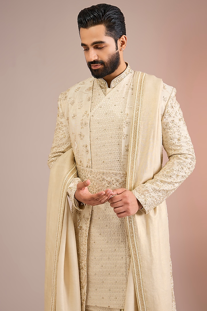 Gold Silk Groom Sherwani Set by Jayesh and Kaajal Shah Men at Pernia's Pop Up Shop