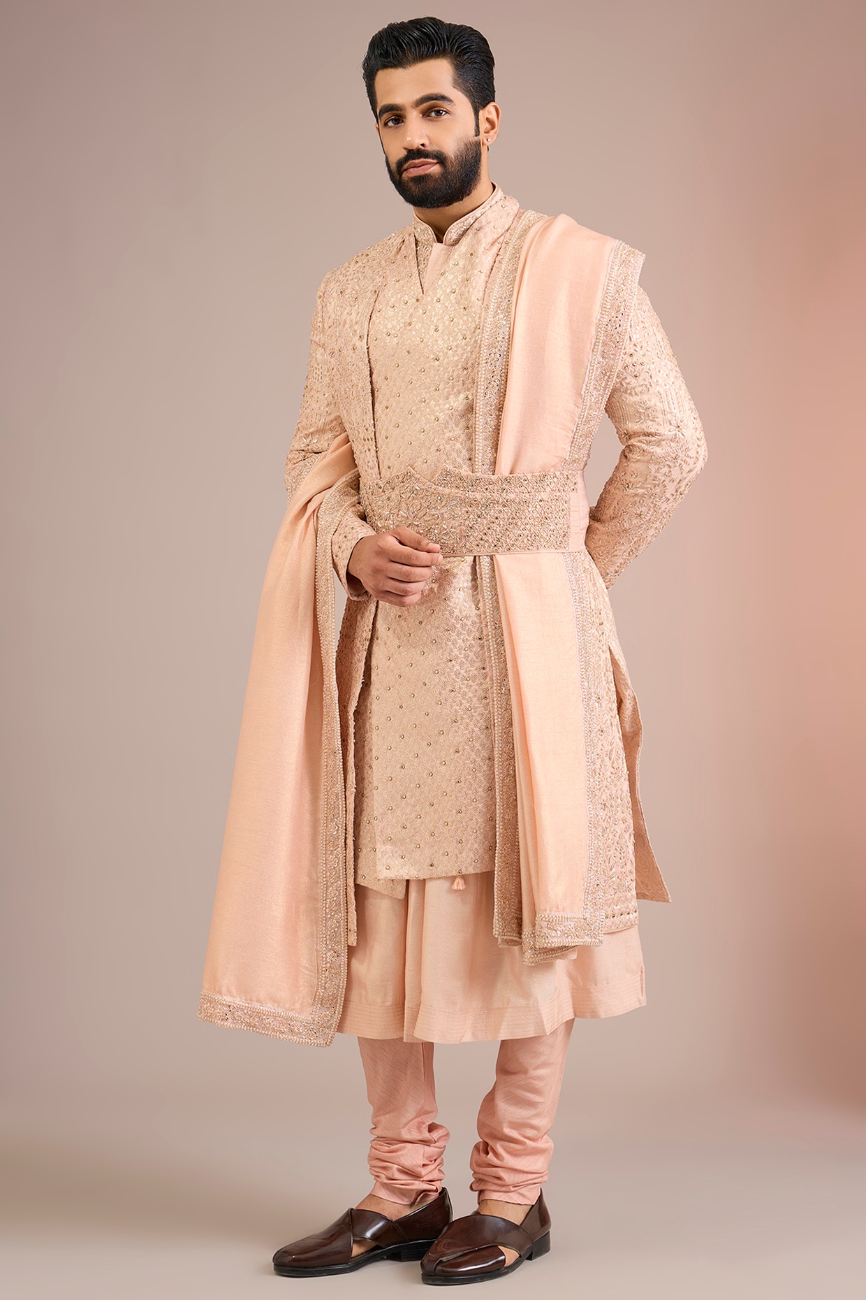 Jayesh and Kaajal Shah Pink Silk Sherwani Set