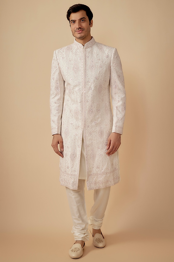 Ivory Silk Thread Embroidered Sherwani Set by Jayesh and Kaajal Shah