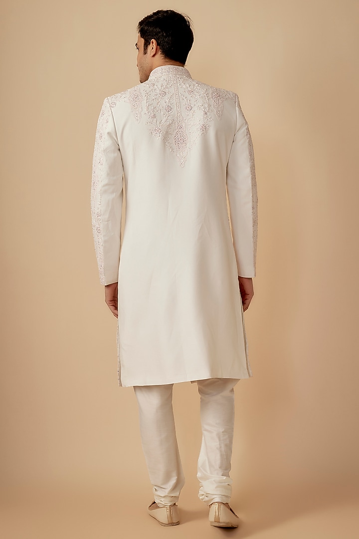 Ivory Silk Thread Embroidered Groom Sherwani Set by Jayesh and Kaajal Shah Men at Pernia's Pop Up Shop