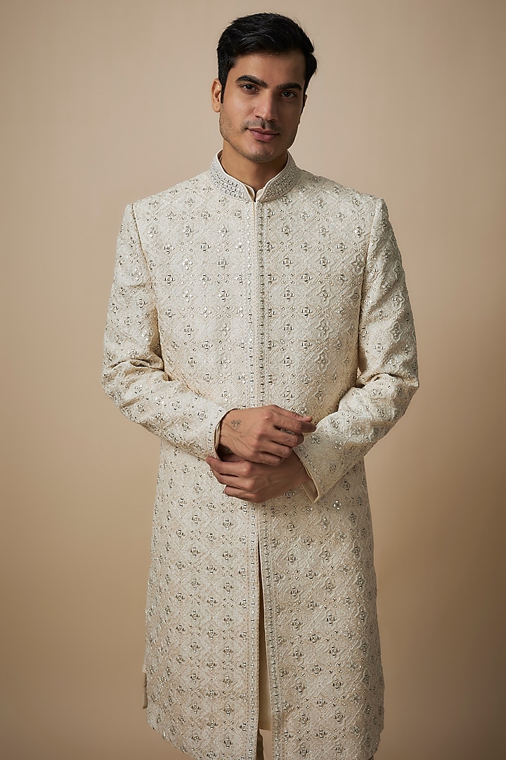 Gold Silk Groom Sherwani Set by Jayesh and Kaajal Shah Men at Pernia's Pop Up Shop