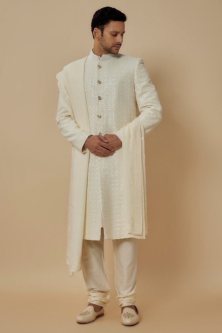 Ivory Silk Thread & Bead Embroidered Sherwani Set by Jayesh and Kaajal Shah at Pernia's Pop Up Shop