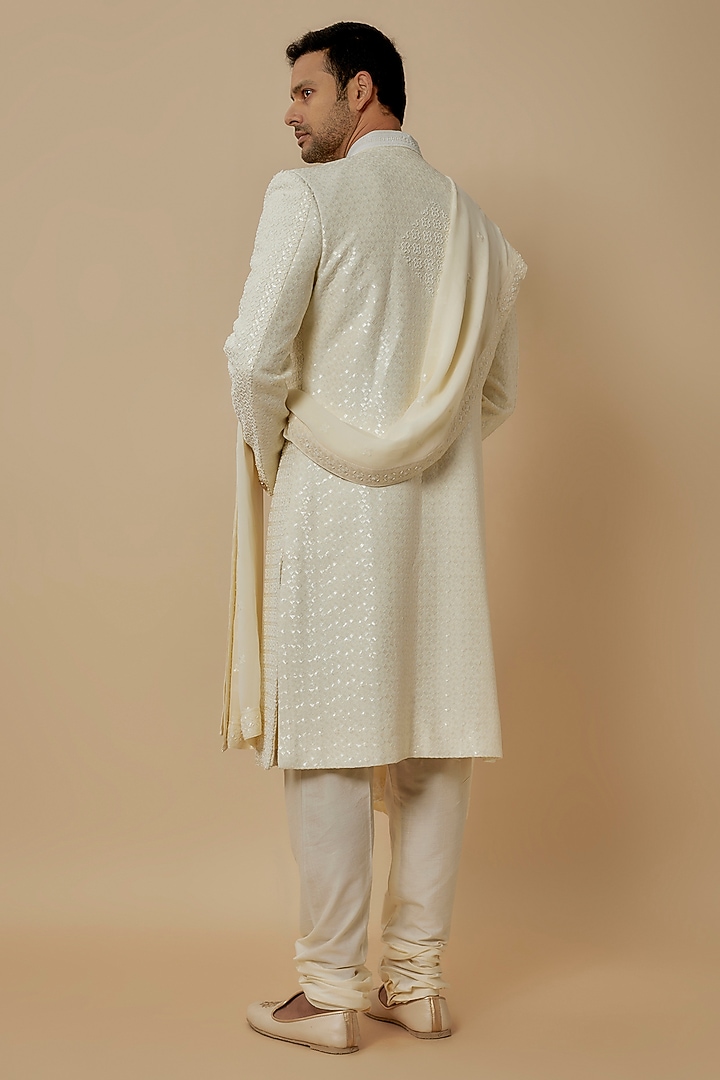 Ivory Silk Thread & Bead Embroidered Sherwani Set by Jayesh and Kaajal Shah Men at Pernia's Pop Up Shop