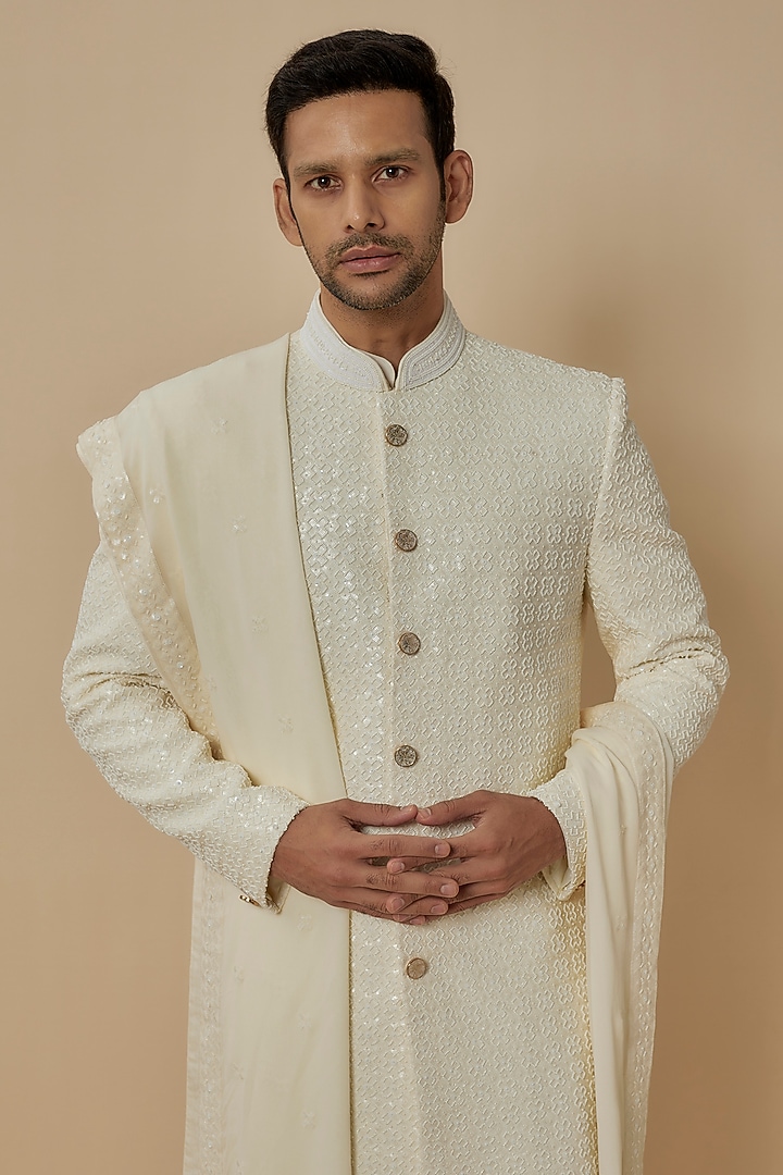 Ivory Silk Thread & Bead Embroidered Sherwani Set by Jayesh and Kaajal Shah Men at Pernia's Pop Up Shop