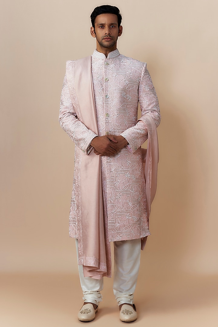 Baby Pink Silk Thread Embroidered Sherwani Set by Jayesh and Kaajal Shah