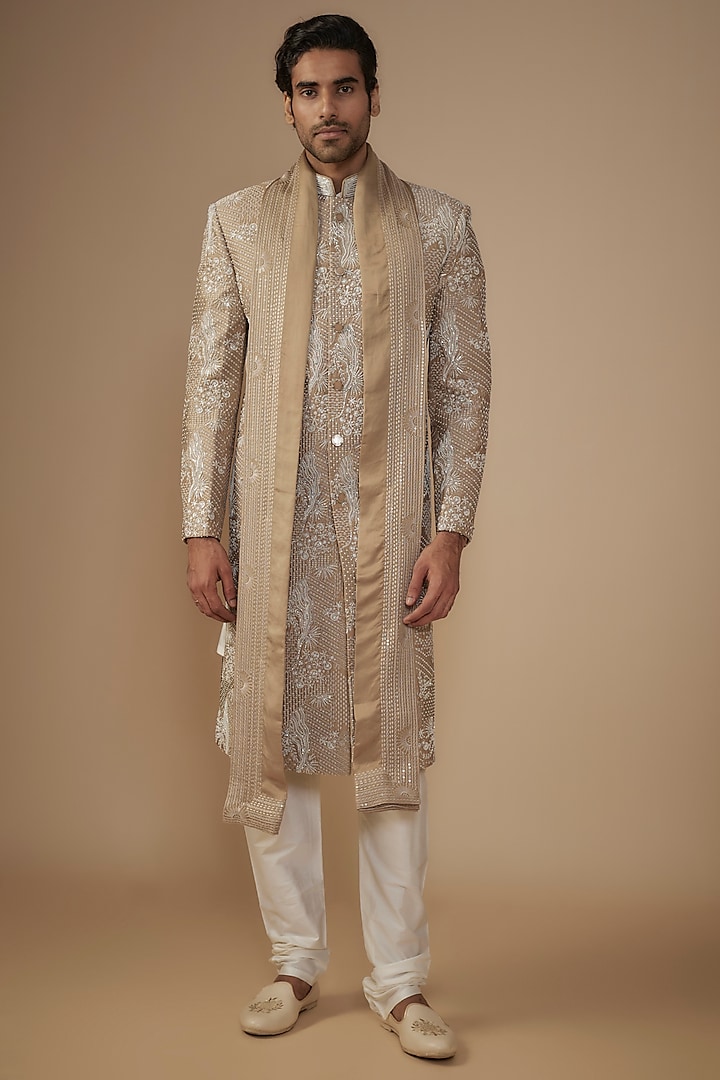 Biscuit Brown Silk Thread & Bead Embroidered Groom Sherwani Set by Jayesh and Kaajal Shah at Pernia's Pop Up Shop