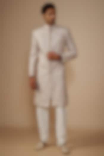Beige Silk Thread Embroidered Wedding Sherwani Set by Jayesh and Kaajal Shah at Pernia's Pop Up Shop