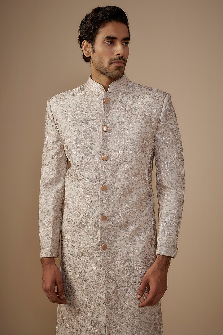 Beige Silk Thread Embroidered Wedding Sherwani Set by Jayesh and Kaajal Shah Men at Pernia's Pop Up Shop