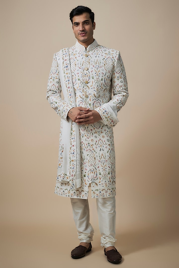 Gold Lucknowi Sherwani Set by Jayesh and Kaajal Shah